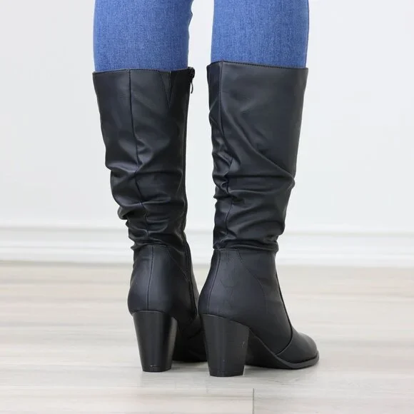 Black Mid-Calf Boots Faux leather Side Zip Block Heel Slouched Shaft - Picture 8 of 15